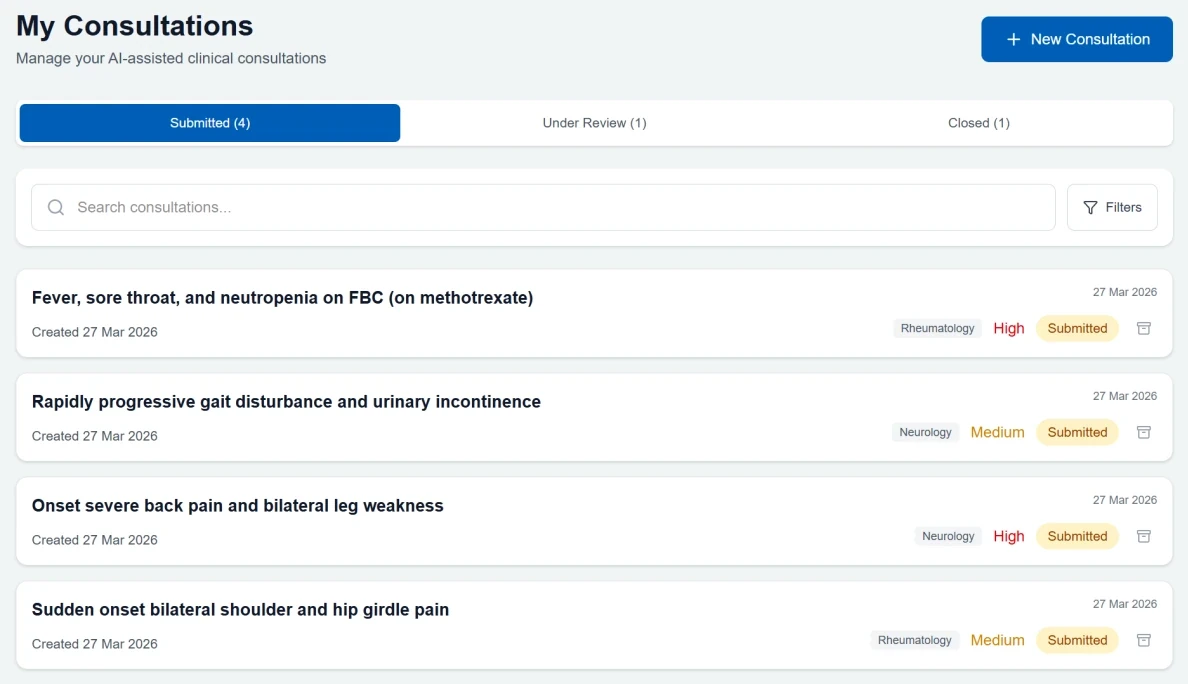 The GP consultation list, showing submitted, under-review and closed cases with specialty and urgency labels.