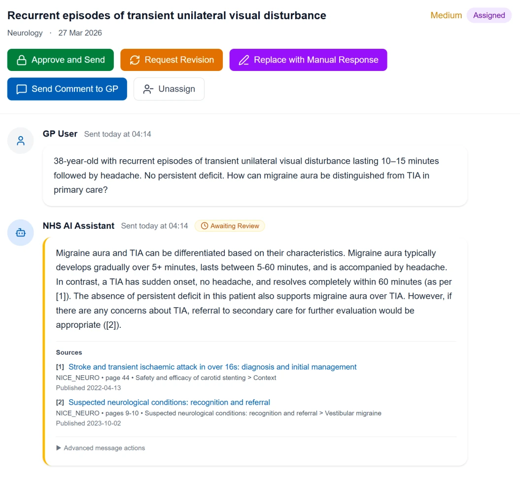 A specialist’s view of a drafted answer about distinguishing migraine aura from TIA, with two numbered NICE sources listing guideline title, page numbers, section path and publication date.