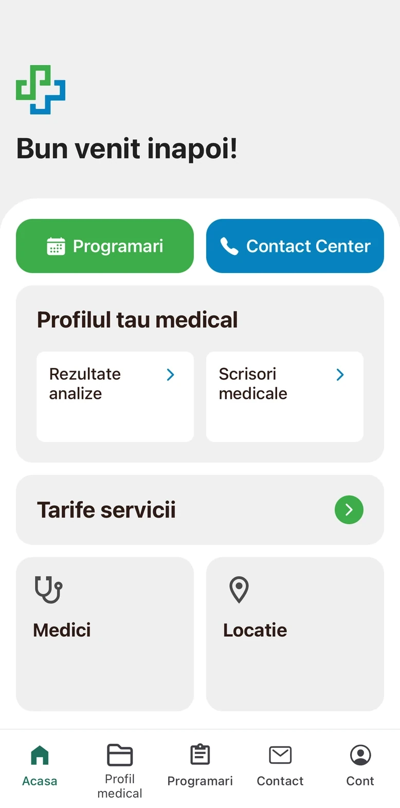 The app home screen: appointments and contact centre buttons, a medical profile card linking to lab results and medical letters, service prices, doctors and location.