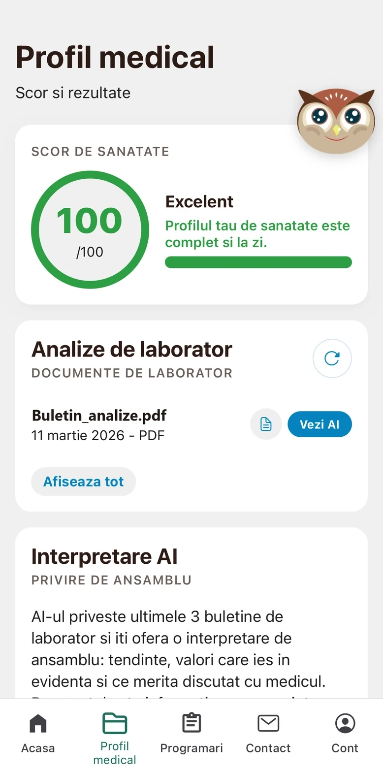 The medical profile screen, showing a profile completeness score and a list of laboratory documents with dates.